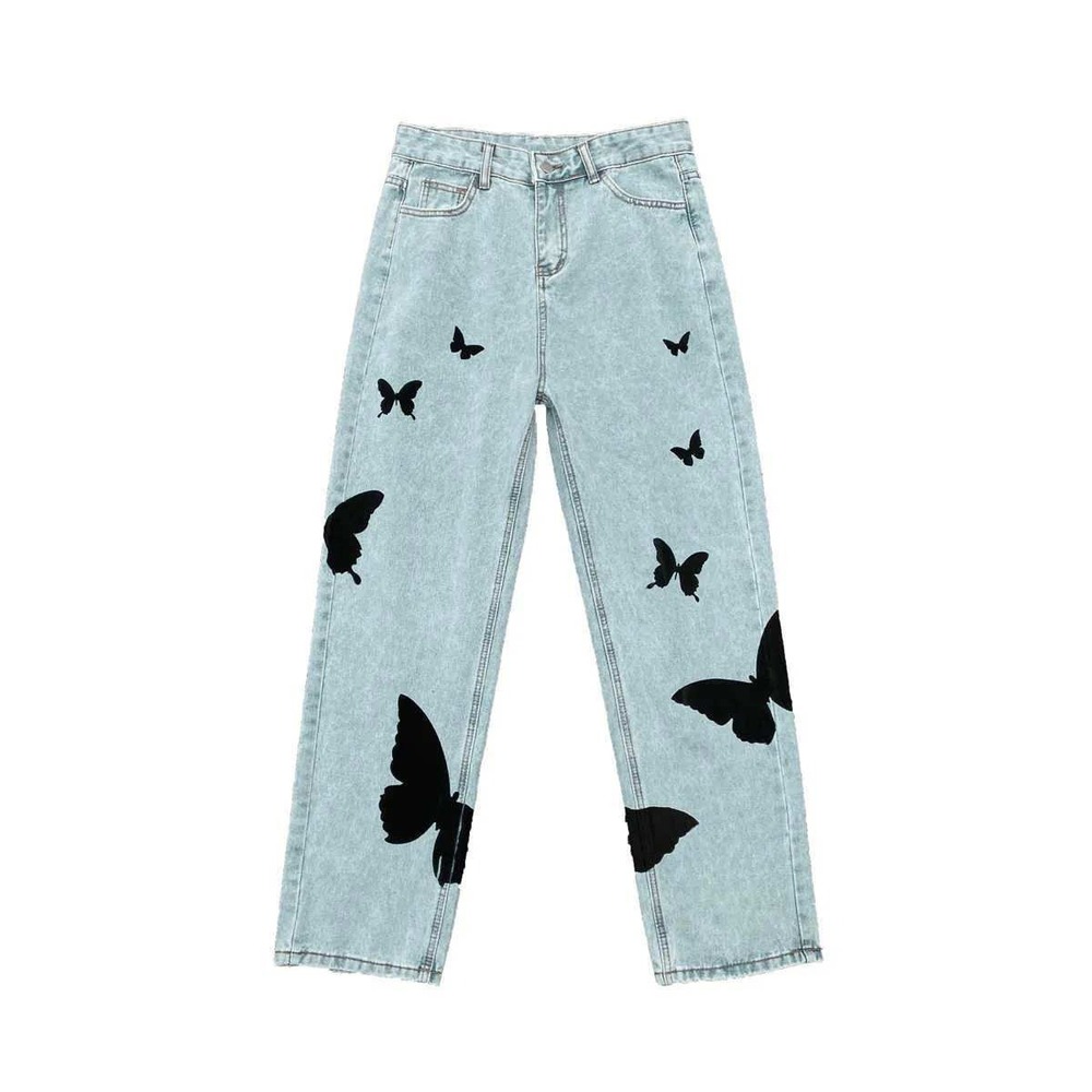 Cotton On Tapered Leg Light Wash Butterfly Print Jeans Raw Hem Denim -‎ Size 30